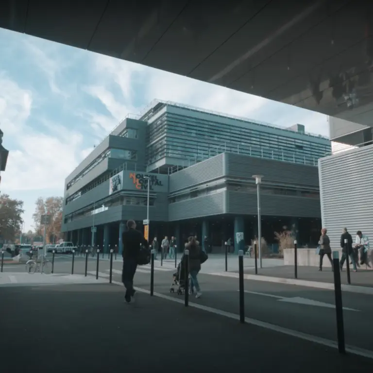 Des passants marchent près d'un immeuble moderne de plusieurs étages portant l'inscription « Postal Central », par une journée partiellement nuageuse, avec des vélos garés et des arbres visibles en arrière-plan, ce qui fait écho à l'esprit de mécénat que l'on retrouve souvent au sein d'institutions telles que la Fondation, qui se consacrent au soutien de l'environnement hospitalo-universitaire.