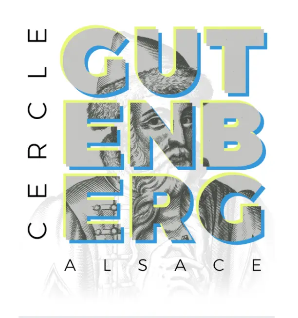 Le texte stylisé « Cercle Gutenberg Alsace » se superpose à l'illustration en niveaux de gris d'un homme barbu, segmentée par des lettres multicolores en gras, en hommage au prix Cercle Gutenberg 2019.