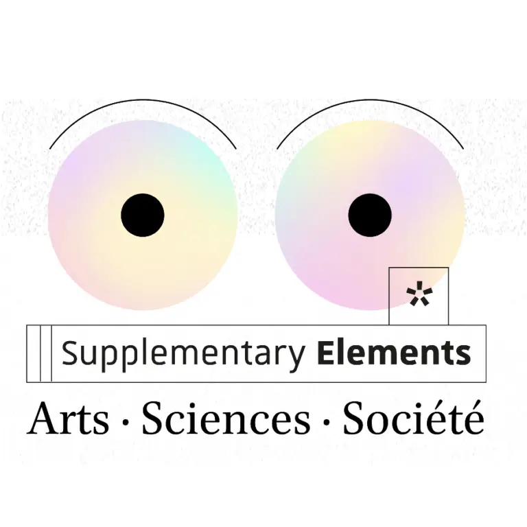 Illustration stylisée représentant deux cercles aux couleurs pastel parsemés de points noirs, avec le texte « Éléments complémentaires : Arts · Sciences · Société » en noir et gris sur fond blanc — une présentation raffinée célébrant la rencontre entre les arts et les sciences.