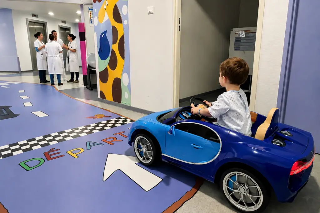 Un enfant vêtu d'une blouse d'hôpital est assis dans une petite voiture bleue près d'une ligne de départ dans un couloir d'hôpital, tandis que quatre membres du personnel soignant discutent en arrière-plan.