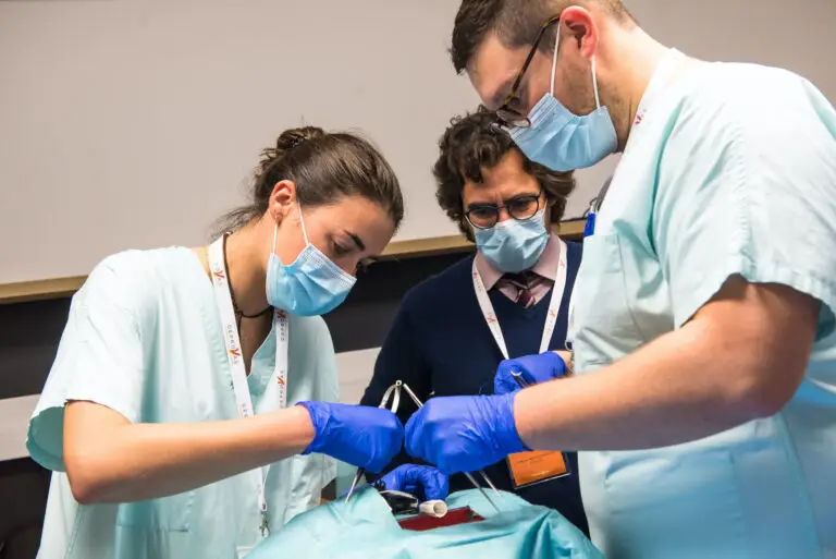 Deux personnes vêtues de blouses médicales et portant des gants, faisant preuve de leur expertise, réalisent une intervention impliquant des implants médicaux sur un patient allongé et recouvert d'un drap, tandis qu'une troisième personne observe attentivement afin de parfaire sa formation.