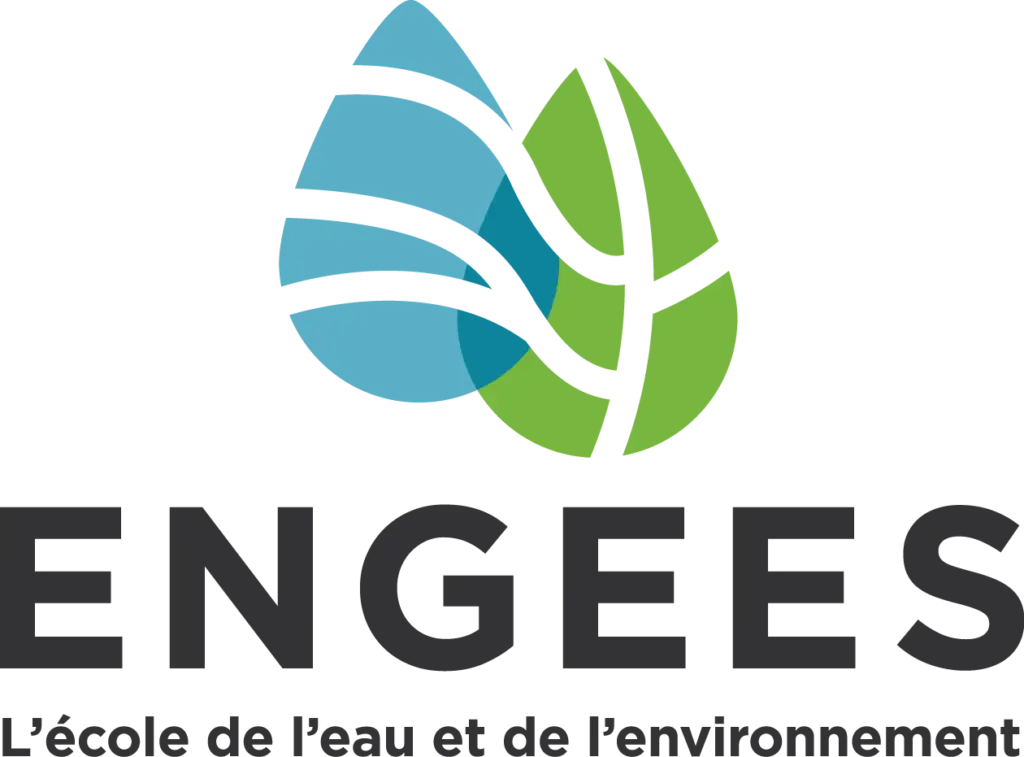 Logo ENGEES comportant une goutte d'eau et un motif de feuille au-dessus du texte « ENGEES » et du sous-titre « L'école de l'eau et de l'environnement ».
