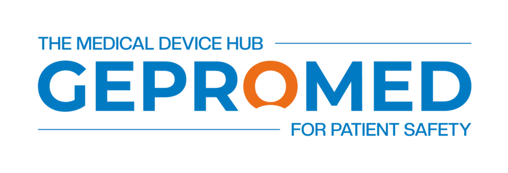 Logo comportant le texte : « THE MEDICAL DEVICE HUB GEPROMED FOR PATIENT SAFETY ». La lettre « O » du mot « GEPROMED » est orange et comporte un demi-cercle blanc.