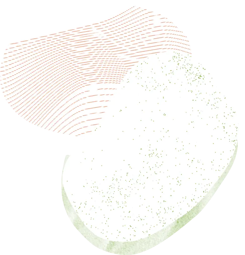 Deux formes abstraites qui se chevauchent : l'une composée de fines lignes rouges courbes, l'autre blanche, parsemée de taches vertes et bordée d'un fin liseré vert, sur un fond uni — illustrant l'idée de lien au-delà des frontières, à l'image de la possibilité de faire un don depuis l'étranger.