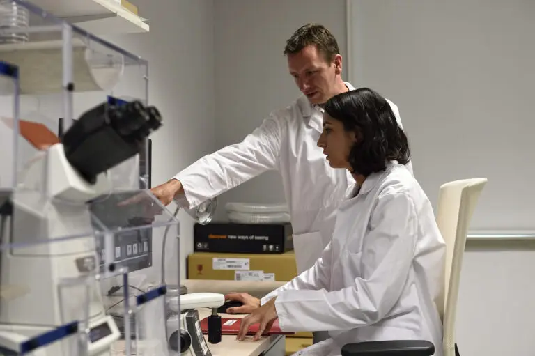 Deux scientifiques en blouse de laboratoire travaillent ensemble devant un ordinateur dans un laboratoire, entourés de matériel scientifique. L'un d'eux est assis et tape sur le clavier, tandis que l'autre montre l'écran du doigt ; ils discutent des données relatives aux différentes phases des essais expérimentaux et explorent des pistes potentielles pour de futurs dons.