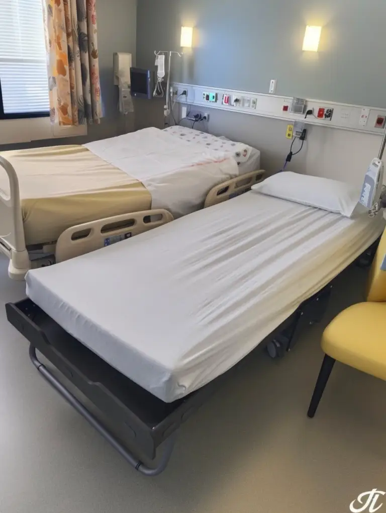 Deux lits d'hôpital sont disposés côte à côte dans une chambre d'hôpital : l'un est recouvert de draps pliés, l'autre d'une couverture blanche et d'un oreiller. Du matériel médical est fixé au mur derrière les lits, créant ainsi une atmosphère apaisante pour les enfants hospitalisés et leurs parents.
