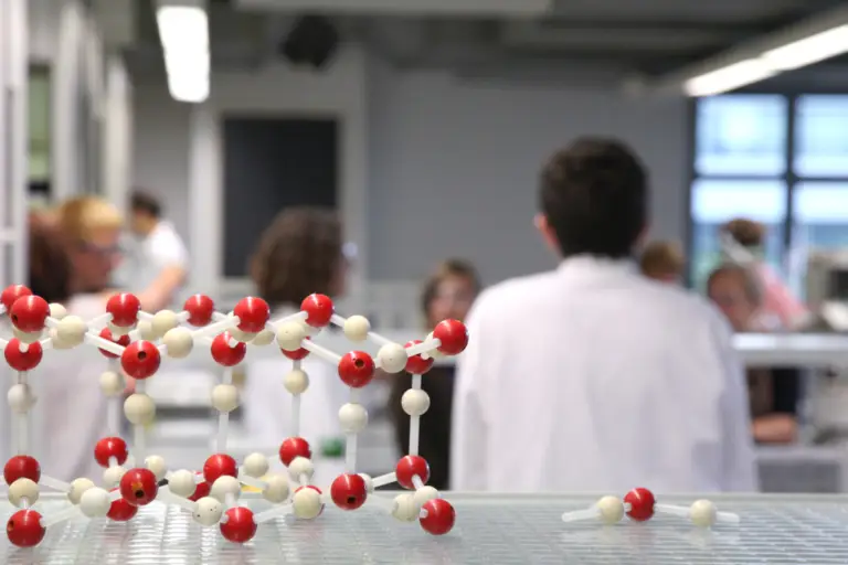 Au premier plan, sur une paillasse de laboratoire de l'Université de Strasbourg, on aperçoit un modèle moléculaire, tandis qu'à l'arrière-plan flou, plusieurs personnes en blouse blanche sont à l'œuvre : un instantané de la recherche pluridisciplinaire qui contribue à répondre à des enjeux urgents tels que la Covid-19.