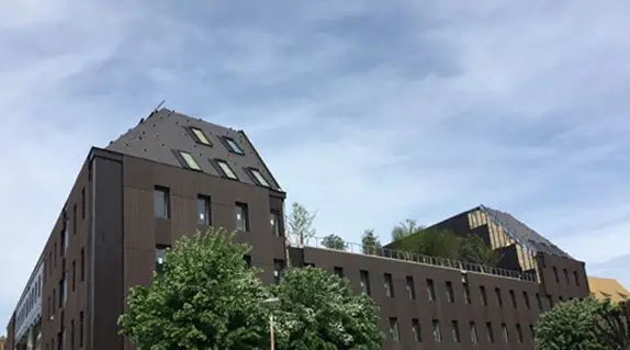 Bâtiment moderne de couleur marron foncé, aux toits en pente, doté de nombreuses fenêtres et agrémenté d'arbres sur le toit, se détachant sur un ciel partiellement nuageux. Des arbres verts sont visibles au premier plan, reflétant l'esprit contemporain du campus de Sciences Po Strasbourg.