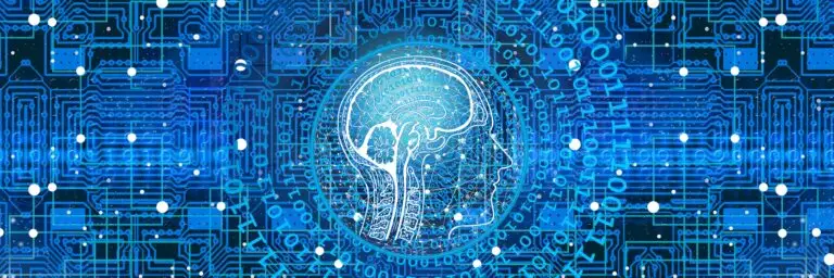 Illustration numérique représentant le profil d'un cerveau humain superposé à un circuit imprimé bleu, symbolisant l'intelligence artificielle et l'intégration technologique dans le contexte de la science des données.