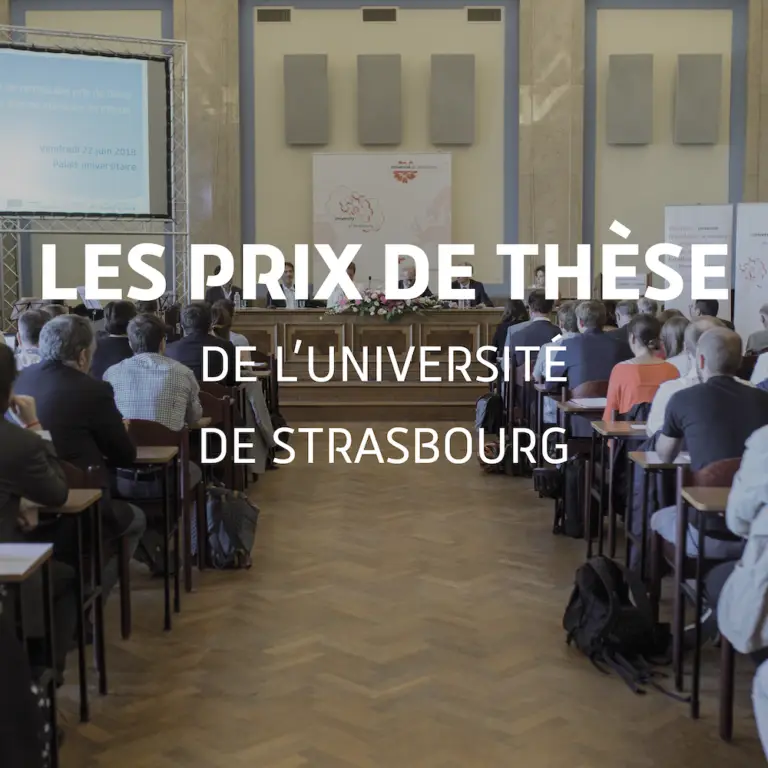 Lors de la cérémonie de remise des prix de thèse 2023 de l'Université de Strasbourg, les invités sont assis dans une grande salle face à une scène ; on aperçoit un écran de projection et des bannières officielles.