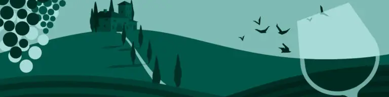 Paysage stylisé représentant des vignobles, un bâtiment au loin, des arbres, des oiseaux en vol et la silhouette à peine esquissée d'un verre à vin au premier plan.