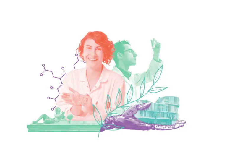 Deux scientifiques en blouse blanche ornées de symboles scientifiques, une main robotisée tenant des boîtes de Pétri et des feuilles de plantes sur fond blanc évoquent l'esprit des « Rencontres et débats » que l'on retrouve souvent lors des tables rondes consacrées à l'innovation scientifique.