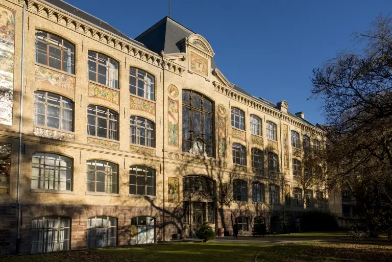 Grand bâtiment historique aux fenêtres cintrées et aux fresques décoratives sur la façade — qui apportent une touche d'art contemporain —, entouré d'arbres dont les ombres se dessinent sur la façade sous le soleil éclatant de Strasbourg, non loin de l'HEAR.
